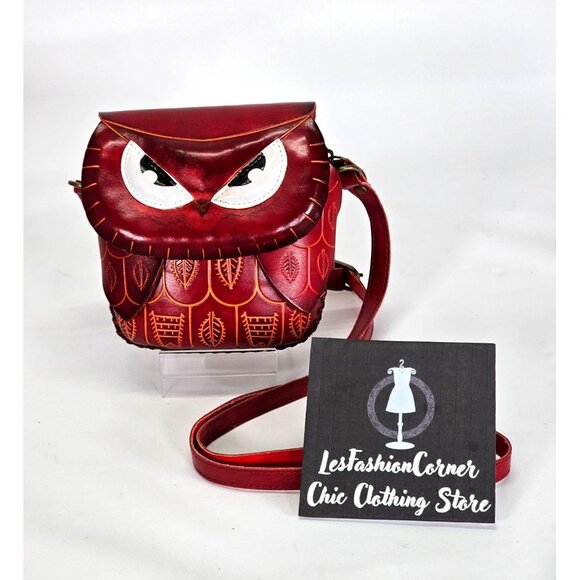 Art93 Handbags - Art93 Women's Red Leather Owl Hand-Stitched Crossbody Purse Size Small 1699